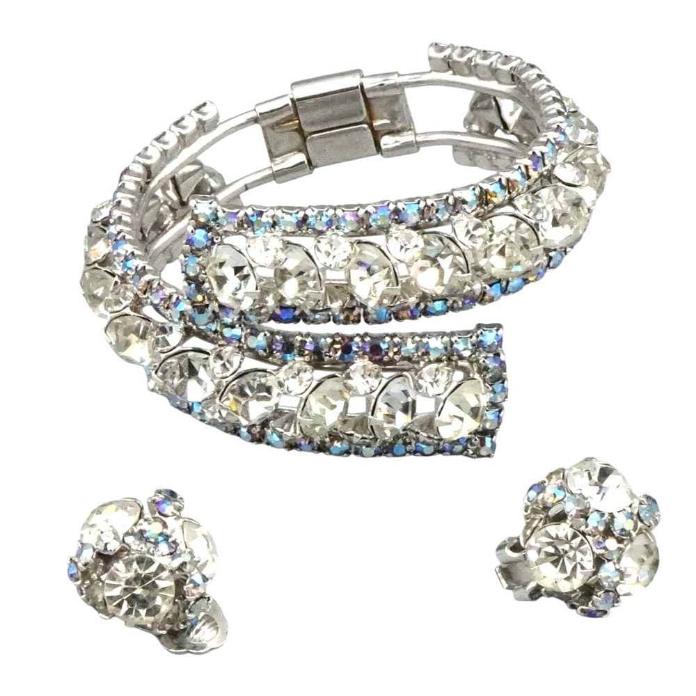 Vintage Rhinestone Bracelet Earrings Set Bypass Clamper Angled Stones Aurora Bor